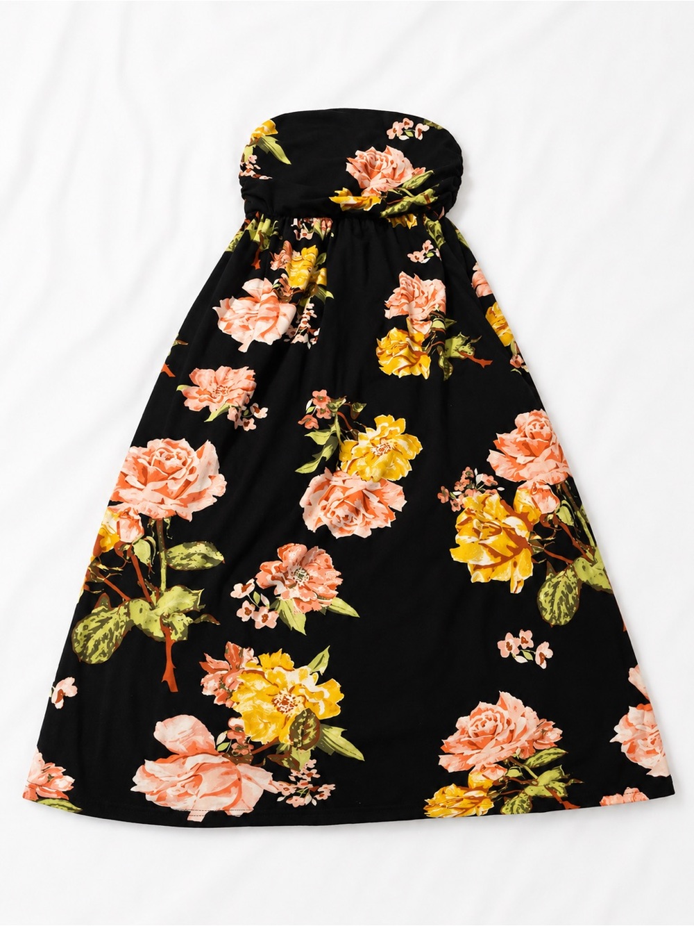Derek Heart Black Strapless Floral Maxi Dress with Peach & Yellow Roses